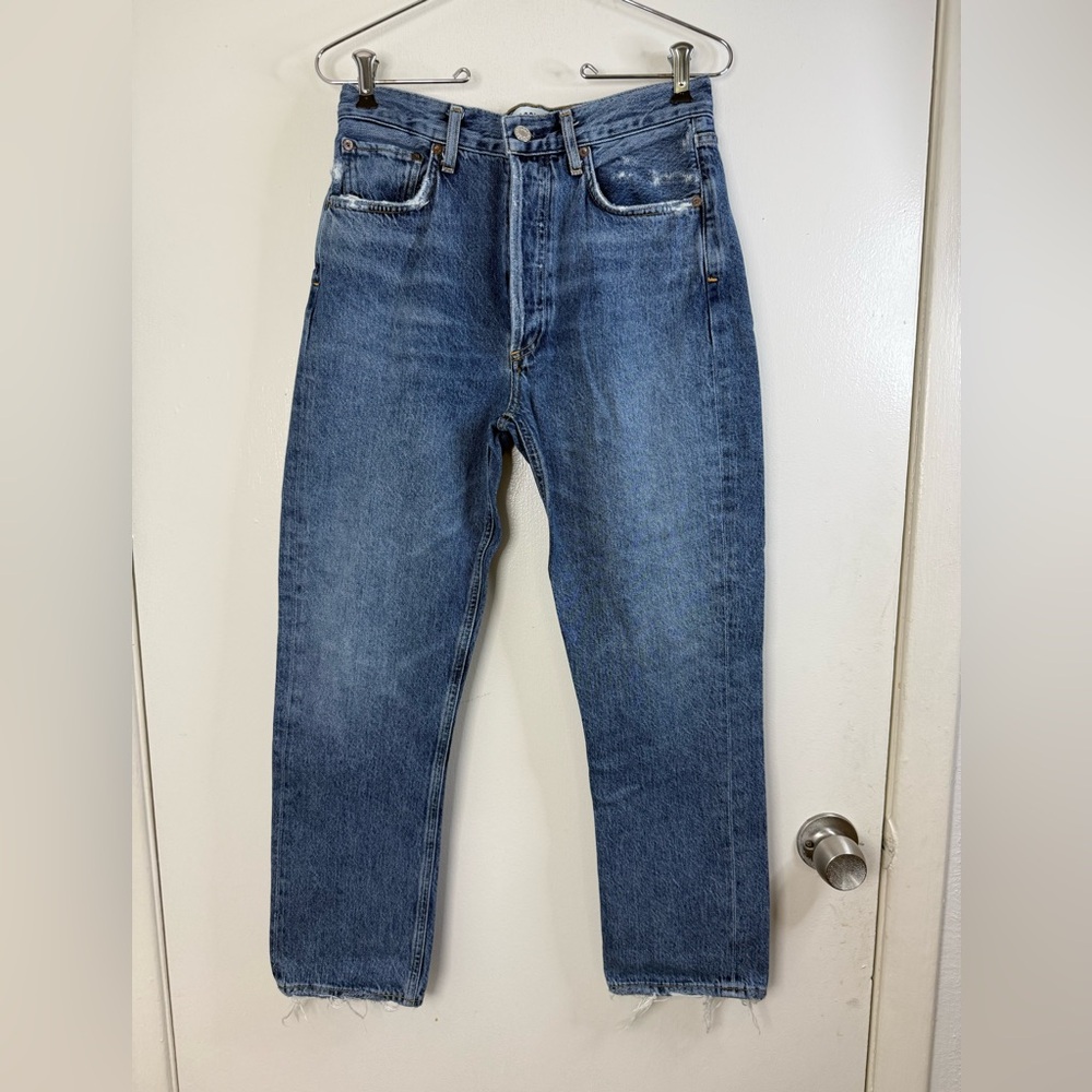 Agolde Riley high rise straight crop blue button fly denim jeans 27